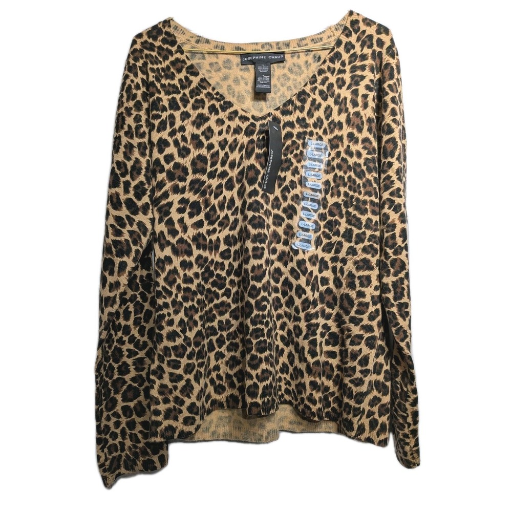 Josephine Chaus Sweater Women L Leopard Print V Neck Knit Pullover LT Bronze NWT